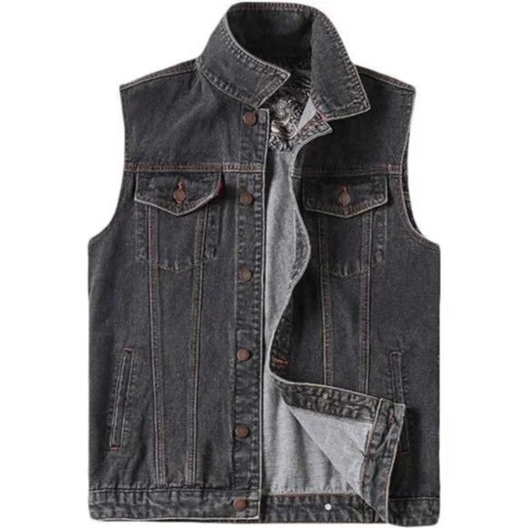 Men's Denim Vest Jean Vest Black Denim Motorcycle Black Biker - Picture 1 of 4